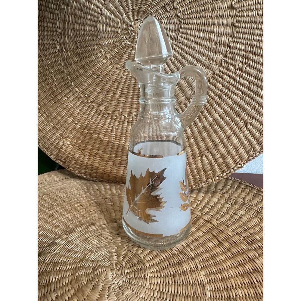 Vintage Glass Cruet with Gold Leaf Design & Stopper